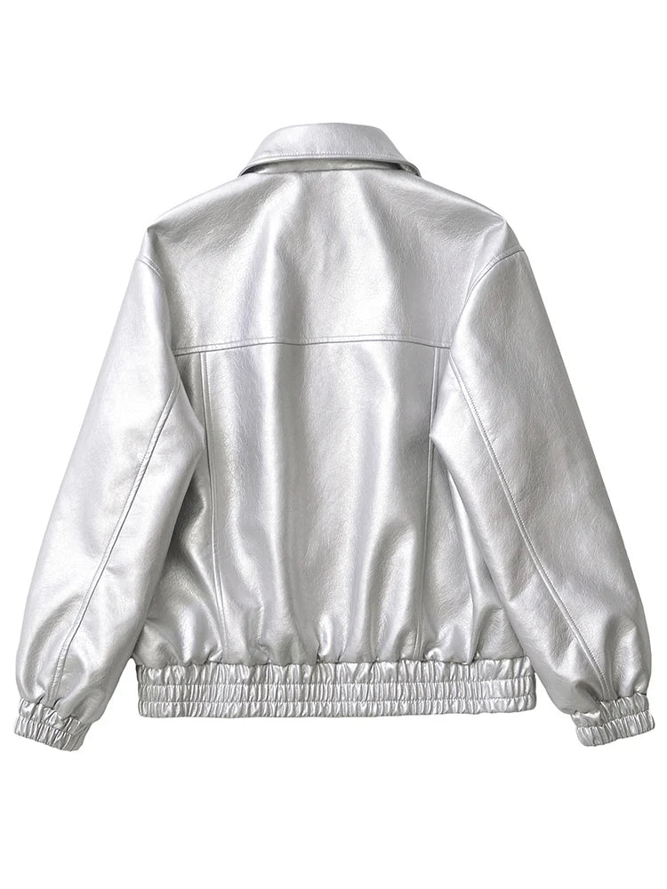 Faux Leather Jacket Women Loose Retro Zip Streetwear Coat