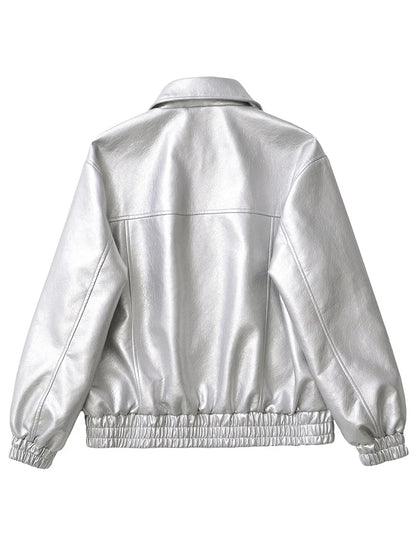 Faux Leather Jacket Women Loose Retro Zip Streetwear Coat