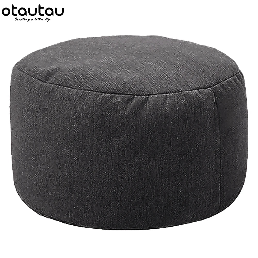 Round Linen Pouf Ottoman – Bean Bag Footstool Floor Cushion