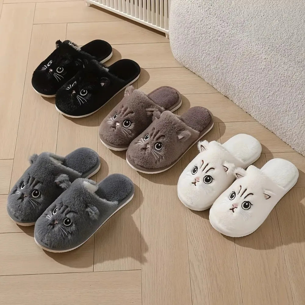 Women's Plush Cat Slippers – Cozy Non-Slip Indoor House Shoes