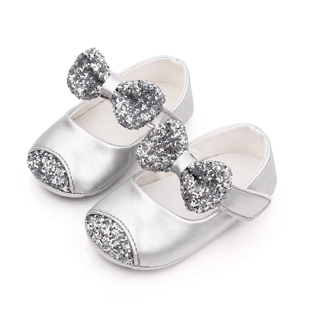 Baby Girl Mary Jane Shoes – Glitter Bowknot Soft PU Anti-Slip