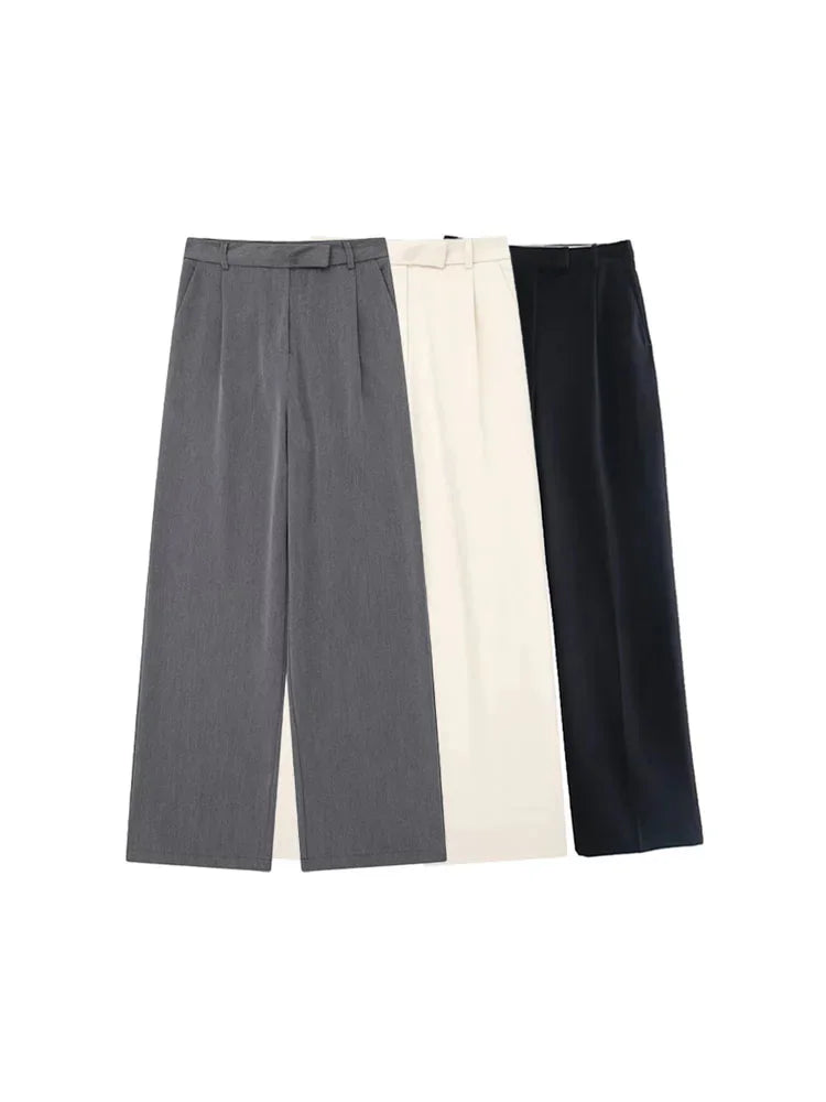 Women's High Waist Wide Leg Trousers with Front Zipper