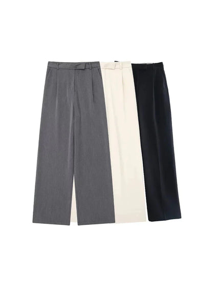 Women's High Waist Wide Leg Trousers with Front Zipper