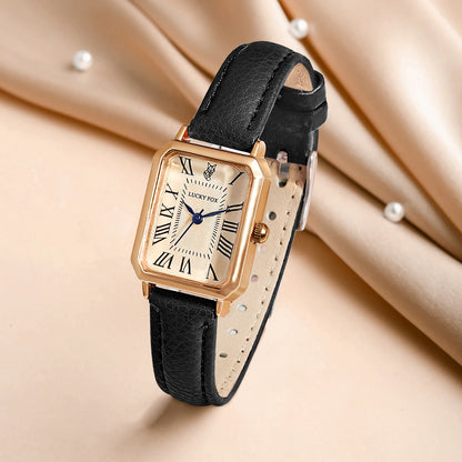 Women's Square Dial Quartz Watch with Leather Strap