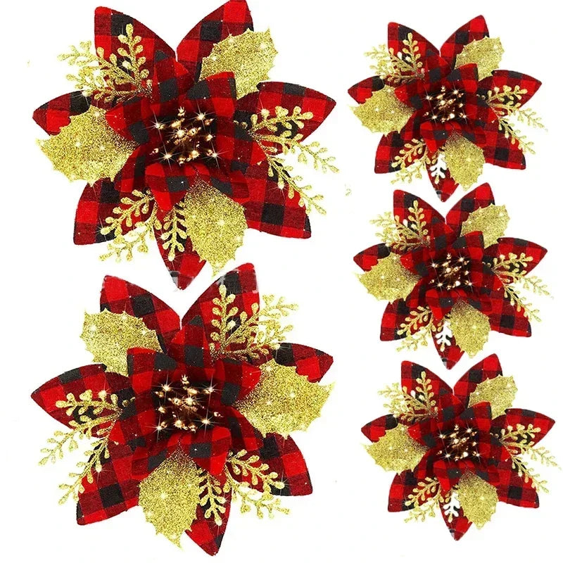 Glitter Artificial Christmas Poinsettia Flowers – Set of 5