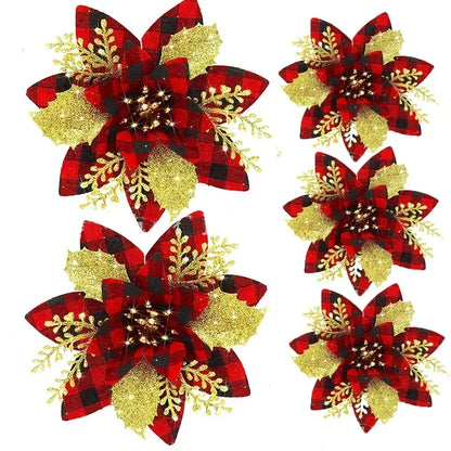 Glitter Artificial Christmas Poinsettia Flowers – Set of 5