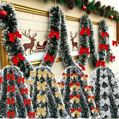 Christmas Tinsel Garland with Bows – Snow-Tipped Xmas Tree Ribbon Decoration