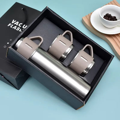 Vacuum Flask Gift Set with 3 Cups – Stainless Steel Thermos
