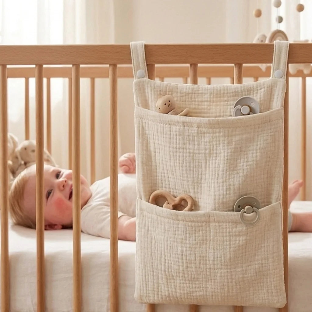 Cotton Baby Crib Hanging Storage Bag – Muslin Nursery Organizer