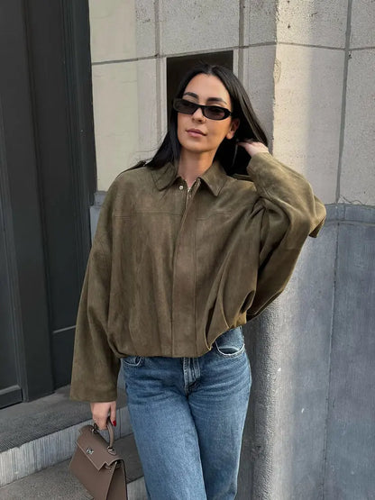 Women's Oversized Suede Coat – Bat Sleeve Zip-Up Winter Jacket