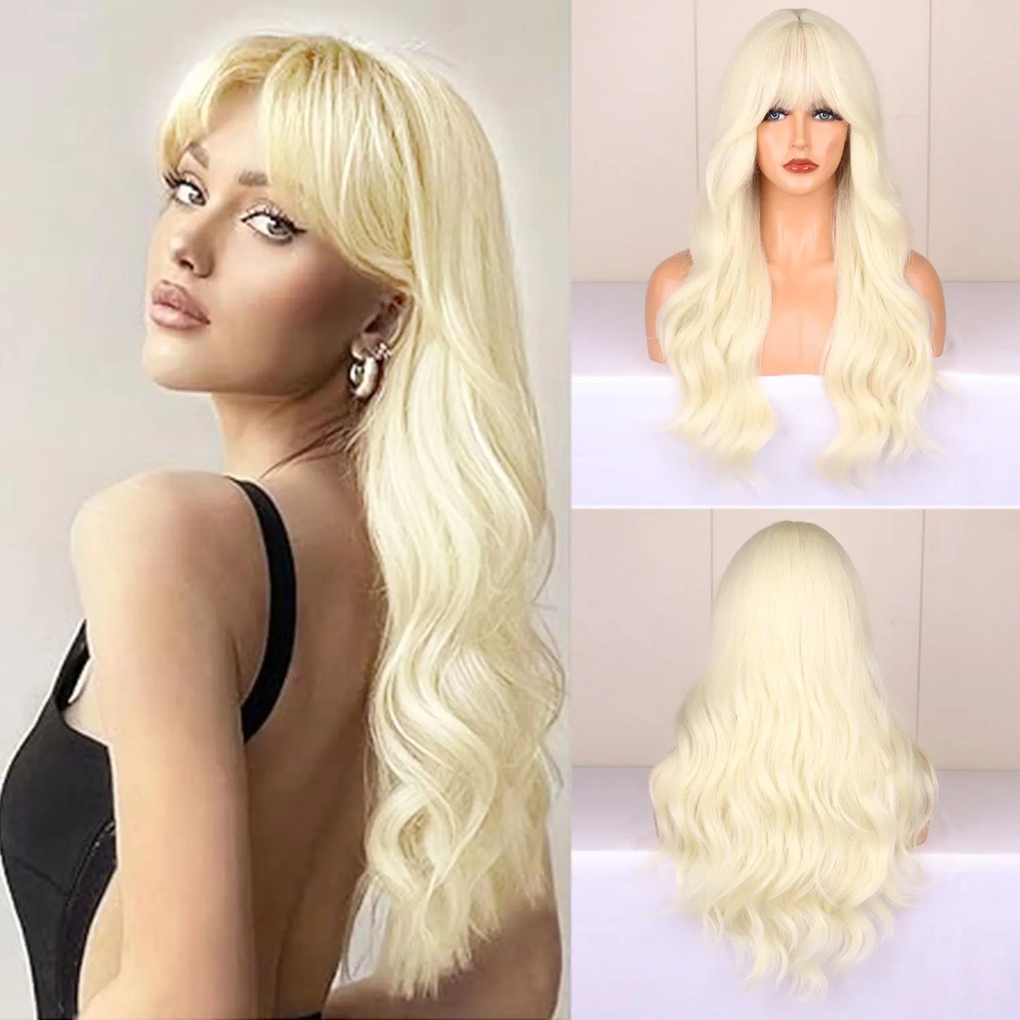 Long Wavy Synthetic Wig with Bangs – 26 Inches, Multiple Colors