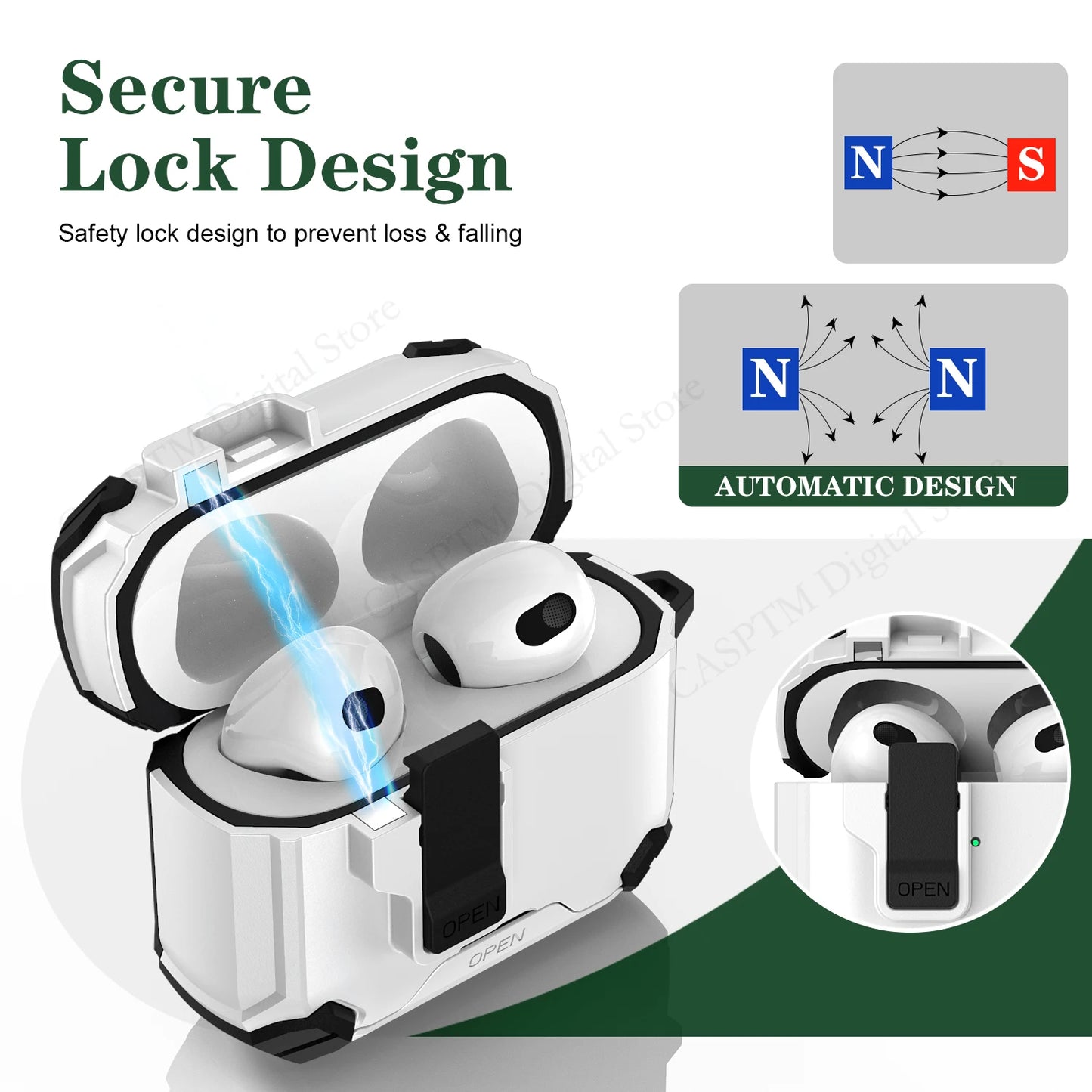 Magnetic Lock AirPods Case with Carabiner – Rugged Design