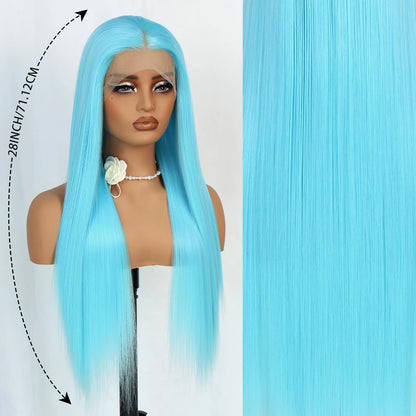 Blue Long Straight Synthetic Lace Front Wig 28 Inch 180% Density