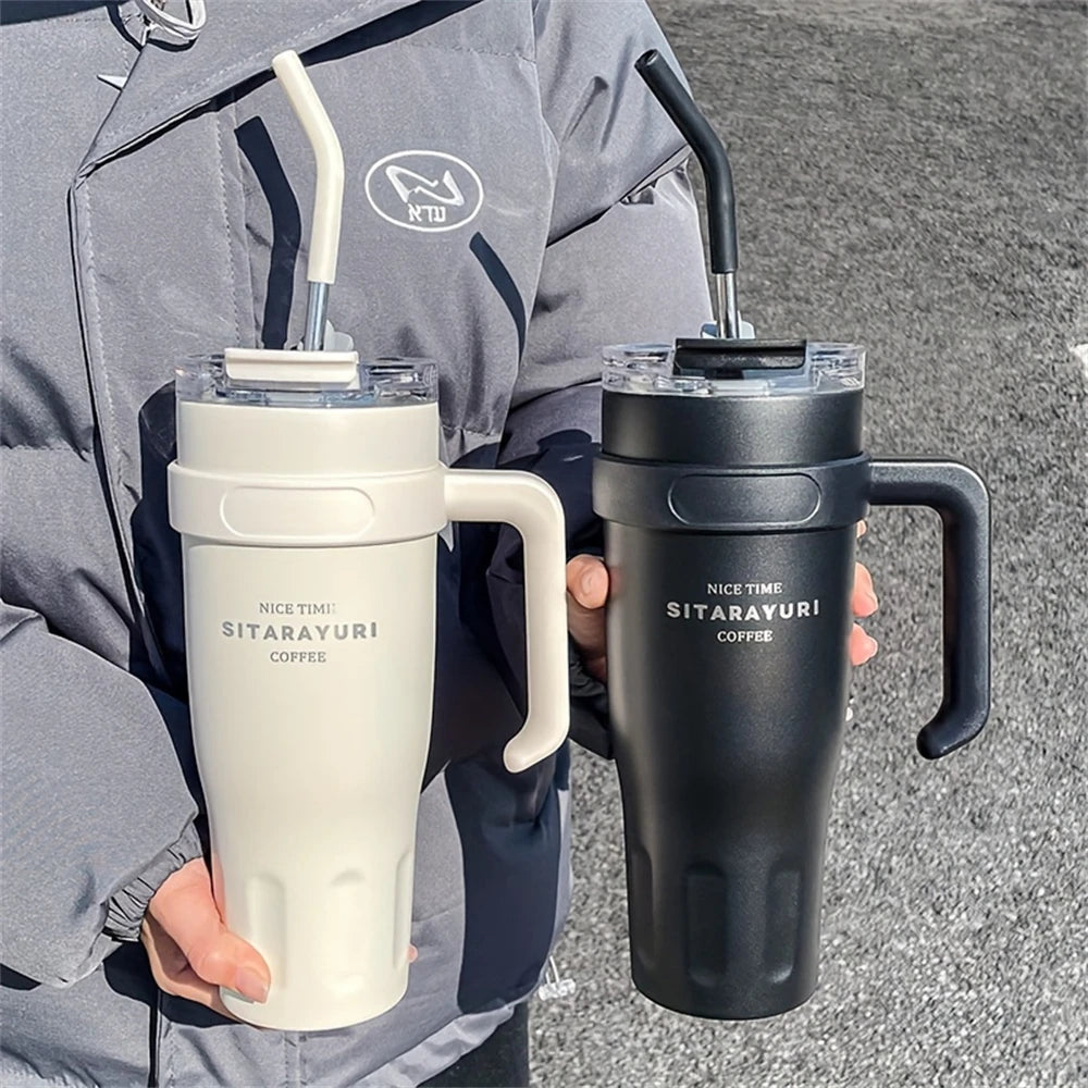 Insulated Tumbler with Handle & Straw – 38.5oz Stainless Steel