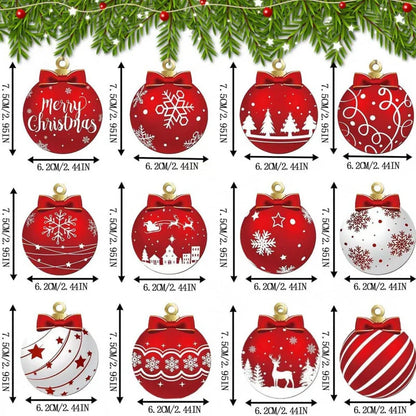 Christmas Ball Ornaments Set of 12 – Red & White Wooden Tree Decorations