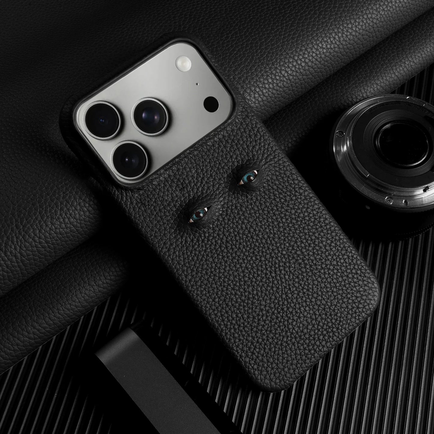Eyes Lychee Genuine Leather iPhone Case
