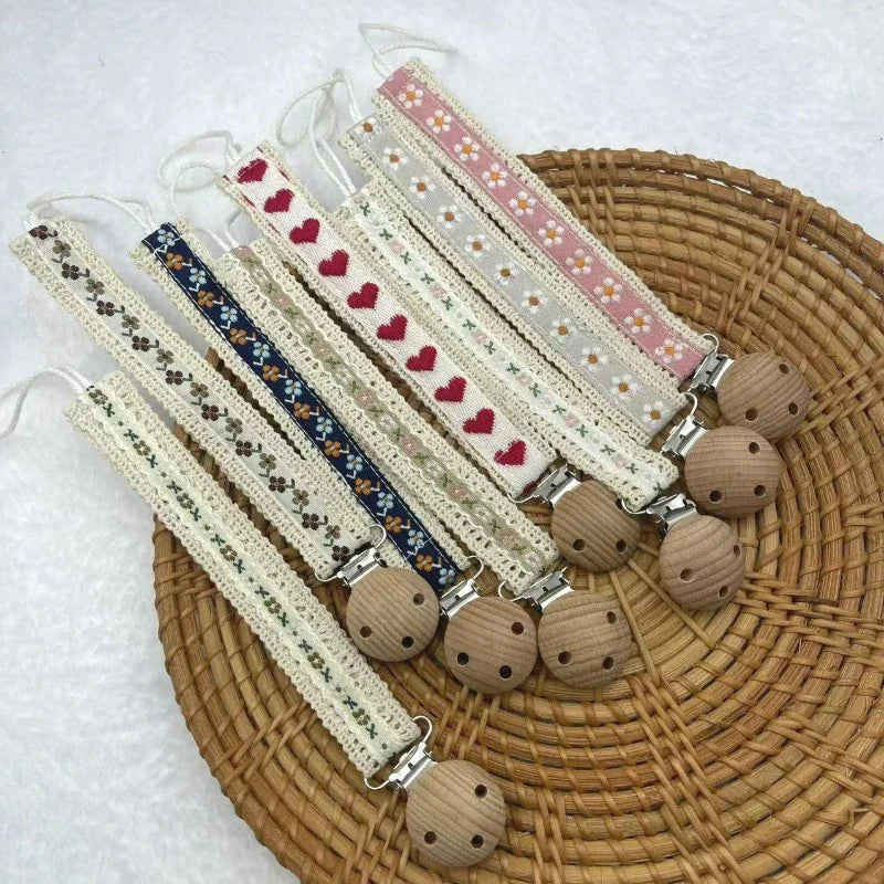 Floral Print Baby Pacifier Clip with Wooden Teether Bead