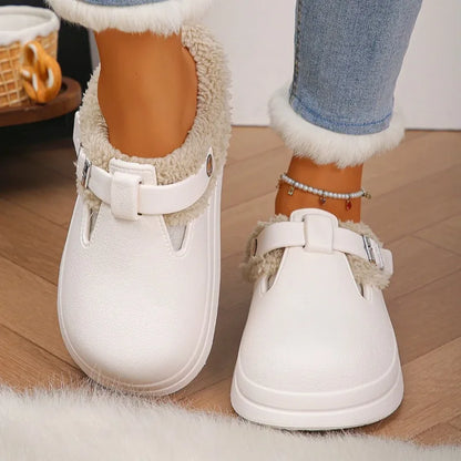 Waterproof Furry Mule Slippers – Women's Winter Clogs with Buckle