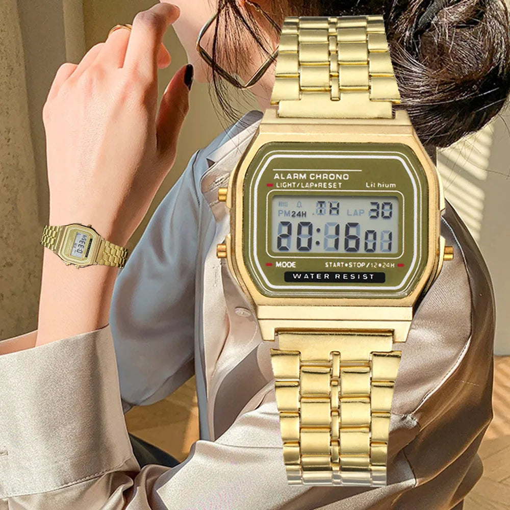 Digital Watch – Stainless Steel Retro LCD Wristwatch