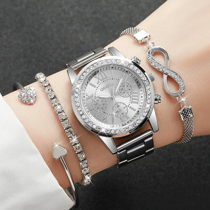 Women's Quartz Watch & Bracelet Set – Rhinestone Luxury Gift