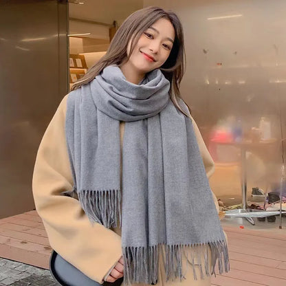 Cashmere-Feel Solid Scarf – Women's Warm Winter Wrap with Fringe
