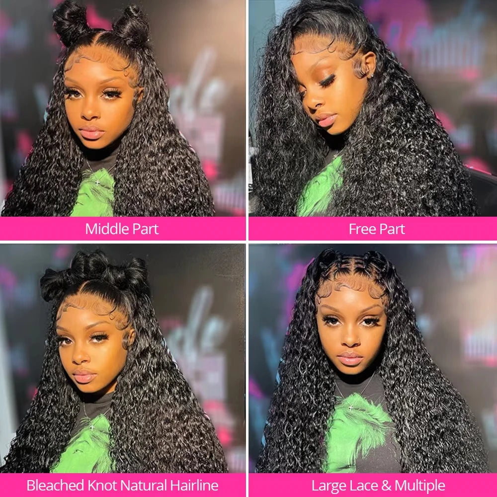 Deep Water Wave Human Hair Lace Front Wig 13x4 HD Lace 18-42 Inch Natural Black