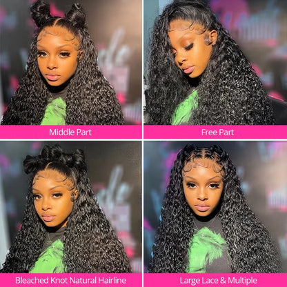 Deep Water Wave Human Hair Lace Front Wig 13x4 HD Lace 18-42 Inch Natural Black