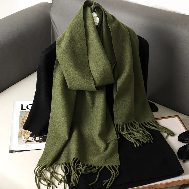 Women's Solid Cashmere Winter Scarf with Tassels – Warm Shawl Pashmina
