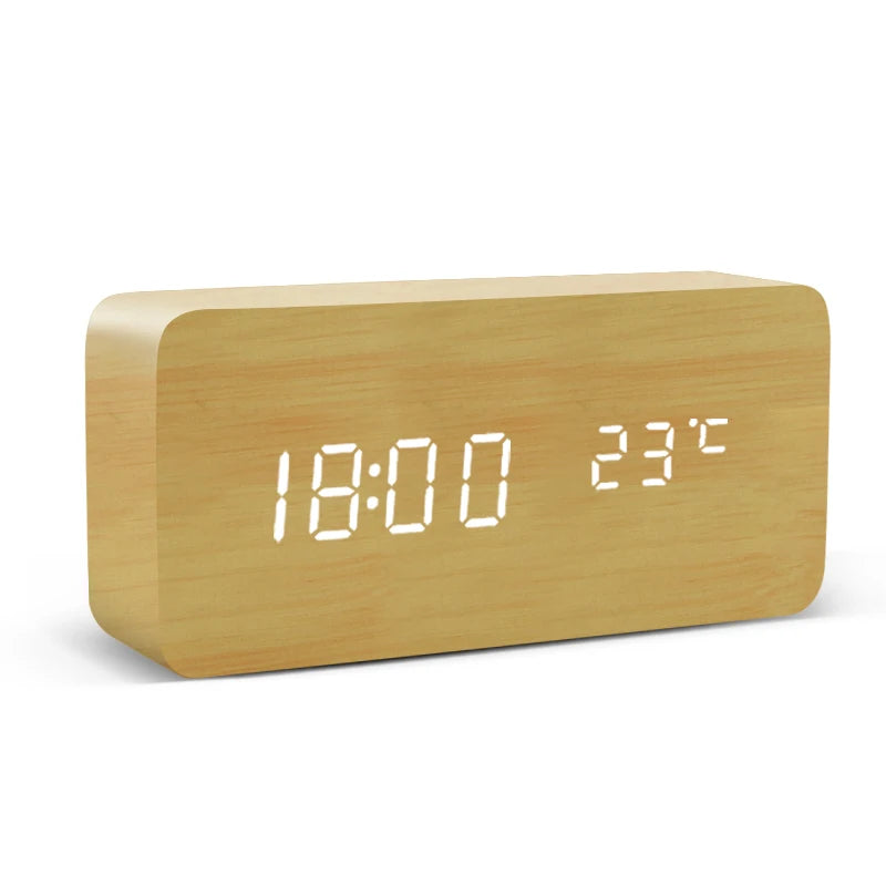 Wooden LED Digital Alarm Clock – Voice Control, Temp & Humidity