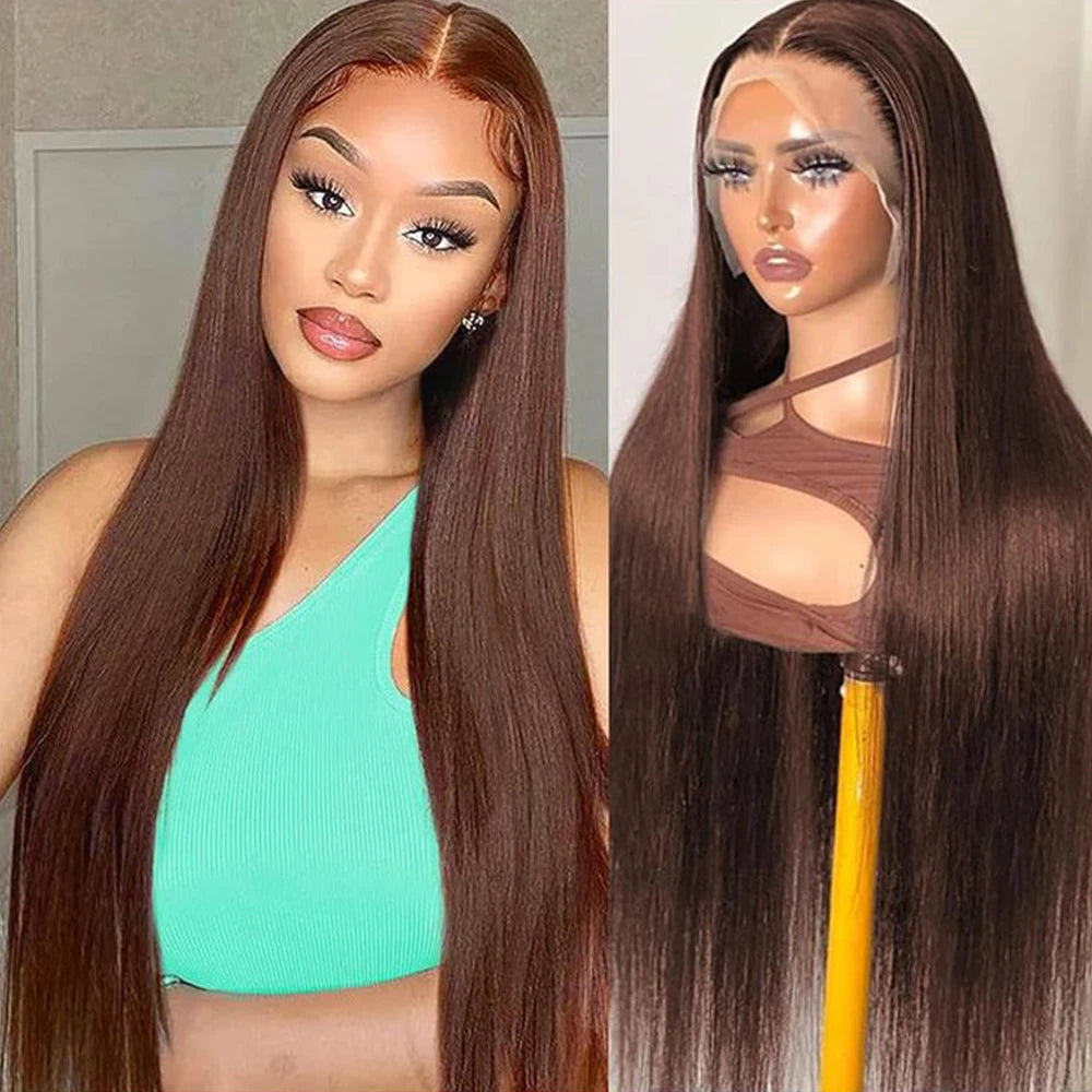 Chocolate Brown Straight Human Hair Wig 13x6 HD Lace Front