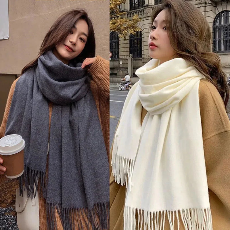 Cashmere-Feel Solid Scarf – Women's Warm Winter Wrap with Fringe