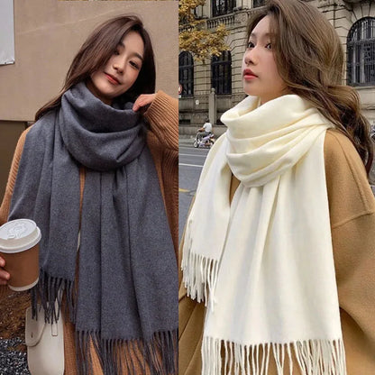Cashmere-Feel Solid Scarf – Women's Warm Winter Wrap with Fringe