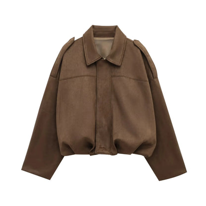 Women's Oversized Suede Coat – Bat Sleeve Zip-Up Winter Jacket