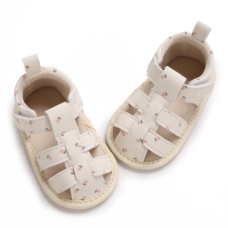 Baby Girl Floral PU Leather Sandals – Anti-Slip First Walker
