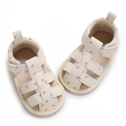 Baby Girl Floral PU Leather Sandals – Anti-Slip First Walker