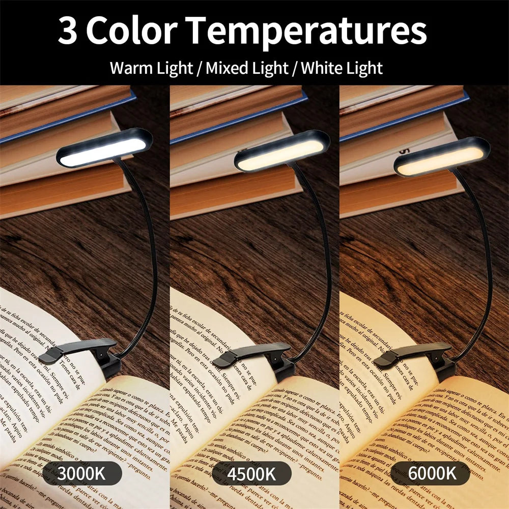 LED Book Clamp Reading Light – USB Rechargeable, 3 Color Temperatures
