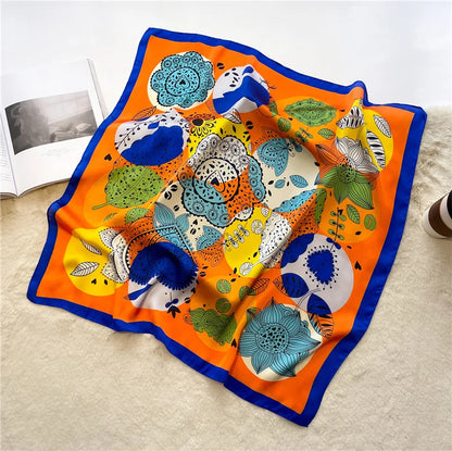 Satin Square Scarf Women Cute Cat Print Headscarf Neckerchief