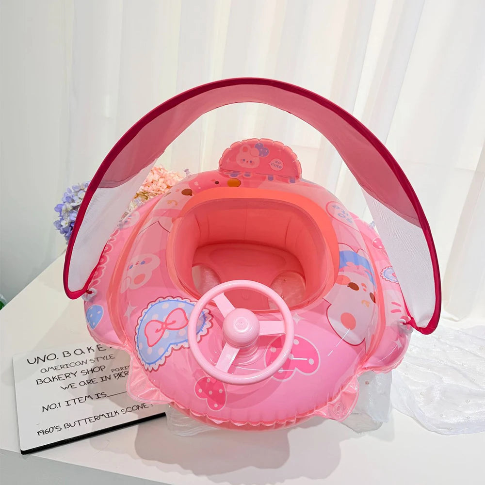 Baby Swim Float Seat Ring with Sunshade Canopy & Steering Wheel – Ages 0–6