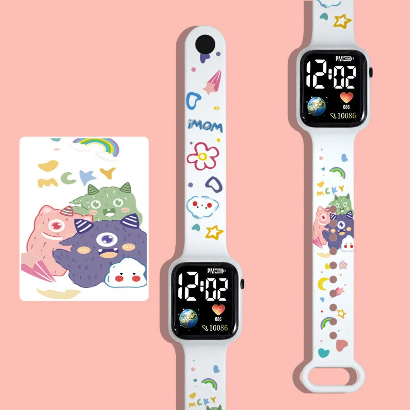 Kids Digital LED Watch – Cute Cartoon Print Silicone Wristwatch for Girls & Boys