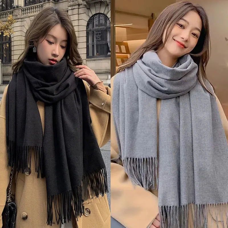 Cashmere-Feel Solid Scarf – Women's Warm Winter Wrap with Fringe