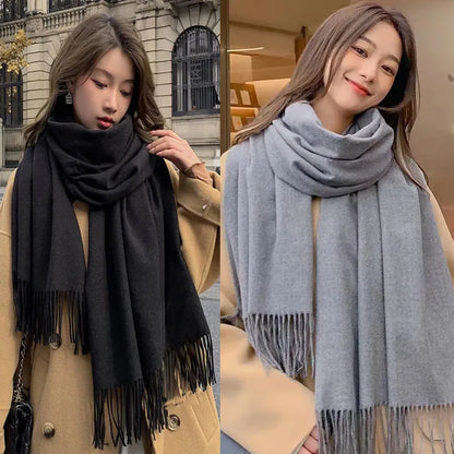Cashmere-Feel Solid Scarf – Women's Warm Winter Wrap with Fringe