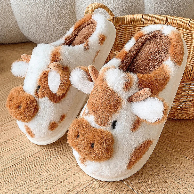 Cute Cow Fluffy Slippers for Women – Cozy Plush House Shoes