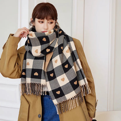 Women's Heart Pattern Plaid Blanket Scarf with Tassels