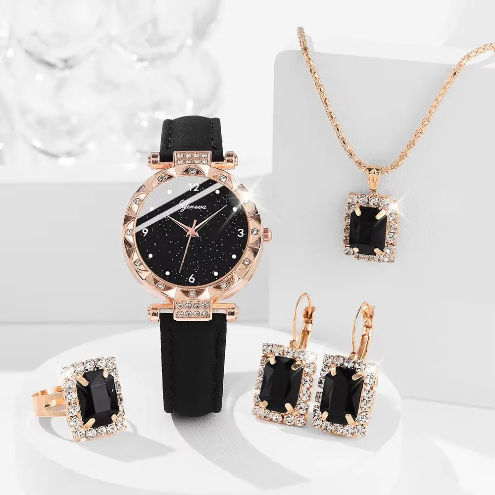 Women's Luxury Rhinestone Watch & Jewelry Set – 5 Piece