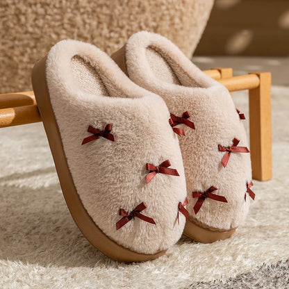 Women's Bow Plush Slippers – Warm Non-Slip Indoor House Shoes