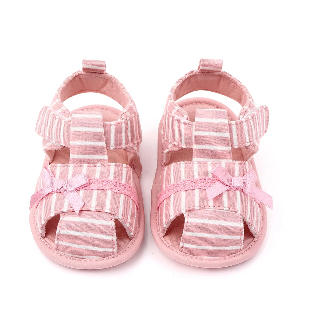 Baby Girl Cotton Sandals – Breathable Bow Toe-Covered 0–18 Months