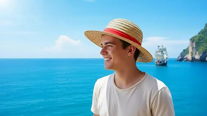 Straw Sun Hat with Red Band & Chin Strap – Unisex Costume Hat