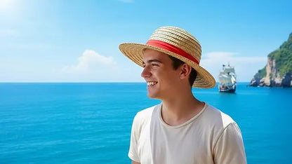 Straw Sun Hat with Red Band & Chin Strap – Unisex Costume Hat
