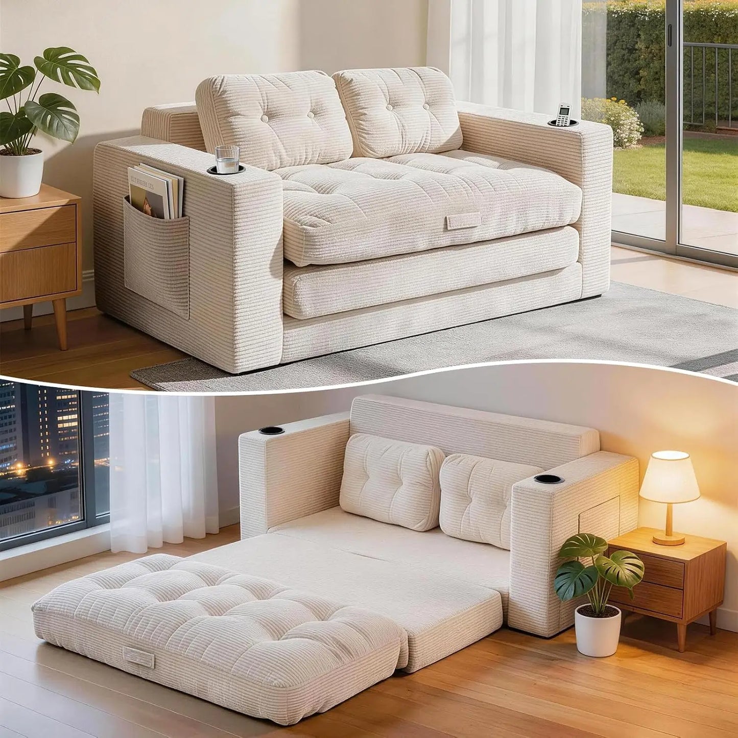 Convertible Corduroy Loveseat Sleeper Sofa Bed with Cup Holders
