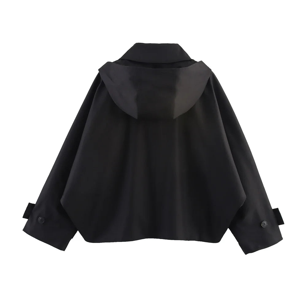 Women's Cropped Hooded Trench Coat – Single-Breasted Lapel Jacket